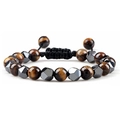Adjustable woven bracelet with natural tiger eye beads and faceted hematite stones - Yellow Tiger Eye & Hematite