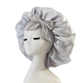 Silver grey satin sleep cap for hair care featuring a stylish bow and smooth silk texture - Medium Single Layer Ribbon / Silver