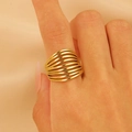 Polished 18K gold-plated stainless steel ring with multi-layer wavy geometric design - 18K Gold Multi-Layer Lines (S510)