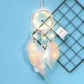Pink heart dreamcatcher with feathers and warm LED lights against a blue backdrop - Classic Heart With Lights / Pink White