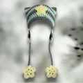 Handmade striped cat ear beanie in grey and blue with yellow star and flower accents - Adult 56-59cm / Blue + Grey