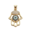 Golden Hamsa hand charm with blue colorful crystals and evil eye inlay design - DBN155-02 Hamsa Hand