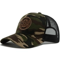 Mesh camouflage baseball cap with brown leather patch featuring Enjoy Life Originals - Khaki Camo