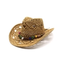 Vintage bruine strooien cowboyhoed met kleurrijke kralen en opengewerkt ruitpatroon - M(56-58cm) / Khaki