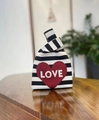 Knitted bucket bag with black and white stripes and a red love heart pattern - 20*35cm / Love Black White Stripe Heart