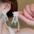 Elegant long flower tassel earrings with white resin petals and clear crystal beads - Style 34# / White & Green