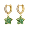 Close-up of gold star earrings with green micro-pave stones and sparkling hoop design - Gold Tone Green Zircon Star