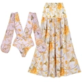 Women's beachwear set featuring a long sleeve V-neck top and skirt with sea theme print - S / Long Sleeve One-Piece + Long Skirt Set