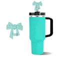 Cyan bow straw cover and large insulated tumbler with handle for 10mm straw - Turquoise Green