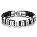 Detail of black braided leather bracelet with engraved silver metal beads showing names - Steel Clasp - 8 Names