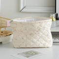 Quilted floral makeup bag with cute rabbit pattern and silver zipper in beige finish - Little Rabbit