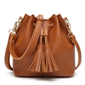 Brown PU leather bucket bag with tassel drawstrings and adjustable shoulder strap - Brown