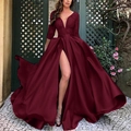 Robe de soirée élégante rouge vin en dentelle avec col en V profond et fente haute - 4XL / Bordeaux