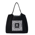 Bolso tote de lona negra con bordado de ojo vintage y cierre de cordón - Paisley Cuadrado Negro