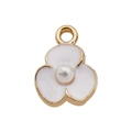 White enamel three-petal flower pendant with gold trim and central pearl accent - Beaded White Flower Style (With Artificial Pearl) (11035)