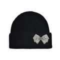 Black knit beanie for women with a sparkling rhinestone bow and folded cuff design - Rhinestone Ribbon / Black