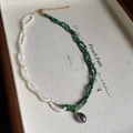 Baroque pearl and green gemstone beaded bracelet with a grey teardrop pearl pendant - Malachite Freshwater Pearl Double Layer Necklace