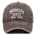 Close-up of Brooklyn 3D embroidery on vintage washed cotton baseball cap - Coffee