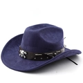 Detail of navy faux suede cowboy hat with skull studs and brown leather strap - M (56-58cm) / Navy Blue