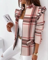 Detail shot of ruffle shoulders and red white plaid pattern on women short jacket - S / Pink Plaid