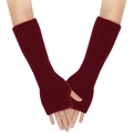 Detailed view of burgundy ribbed knit arm warmers with thumb holes and long sleeve style - One Size / Burgundy