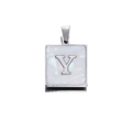Square silver stainless steel pendant with white shell inlay and letter Y charm - Steel Y