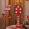 LED Santa Stop Here wooden sign with crown motif and festive stripes in warm glow - House Shape STOP Sign
