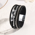 Bracciale multistrato in pelle nera bohémien con cristalli e ciondolo infinito in argento - Nero