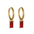 Boucles d'oreilles créoles dorées en acier titane avec pendentifs zircon rouge rectangulaire - Rouge