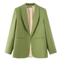 Vue détaillée de l'étiquette de col d'un blazer vert avocat sans bouton, taille EU 36 - Jaune-vert