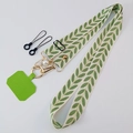 Adjustable crossbody phone strap with green leaf pattern, gold clips, and pearl charm - Vine Leaf Pearl Lanyard + Green Patch / Green