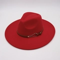 Detail of red wool fedora with wide brim and brown leather belt buckle strap - Red (Heart Buckle)