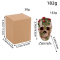 Halloween resin skull with red rose vine and packaging box including size dimensions - Vine Style