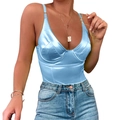 Slim fit light blue satin bodysuit camisole paired with classic blue denim jeans - XS / Blue