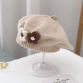 Beige baby knitted beret hat featuring brown floral accents and a small cute pompom - Double Flower Knit Beret / Beige