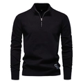 Detail of black half-zip knit sweater showing ribbed cuffs and metal zipper puller - S / Black