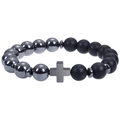 Bracciale da uomo con croce e perle in onice opaco ed ematite lucida - Bracciale in Pietra Magnetica Nera e Pietra Smerigliata