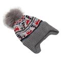 Detailed close-up of boy's winter knit hat with car patterns and plush pom-pom - Gray