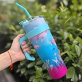 40oz stainless steel tumbler with handle and blue underwater coral print - 1250ml / Sea Pink World