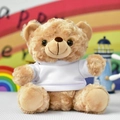 Close-up of a cute light brown teddy bear plush toy wearing a blank white t-shirt. - Sitting Height 30cm / White