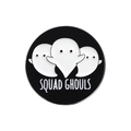 Round black enamel pin with white cartoon ghosts and Squad Ghouls text design - SQUAD GHOULS Ghost Badge (QHXZ2328) / Black