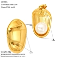 Detailed view of gold stainless steel flower earrings with 10mm imitation pearls - Smooth Curved Geometric Style (SE156G)