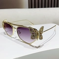 Modern gold metal butterfly sunglasses with purple gradient lenses and sparkling rhinestones - Gradient Grey