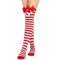 Close-up of festive red and white striped Christmas over-the-knee socks with bows - One Size / Red Bowknot With White Pompom / Red and White Striped