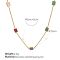 Golden stainless steel necklace featuring colorful square oil-drop pendants, length 45cm - Gold with Multicolor Enamel