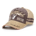 Detail of Black Rebel embroidery and bull skull print on distressed baseball cap - Brown Stitching Khaki (E)