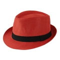Classic red straw fedora hat with black decorative band and woven texture for summer - Adult Size (58cm) / Red with Black Band
