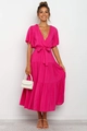 Vestido largo elegante rosa fucsia con cuello en V, mangas con volantes y cinturón - Rosa rojo