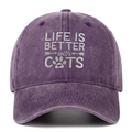 Detail of purple washed cotton baseball cap with Life Is Better with Cats white embroidery - Purple