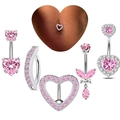 Ensemble de piercings de nombril en acier avec zircons roses en forme de cœur et papillon - Style Lot de 5